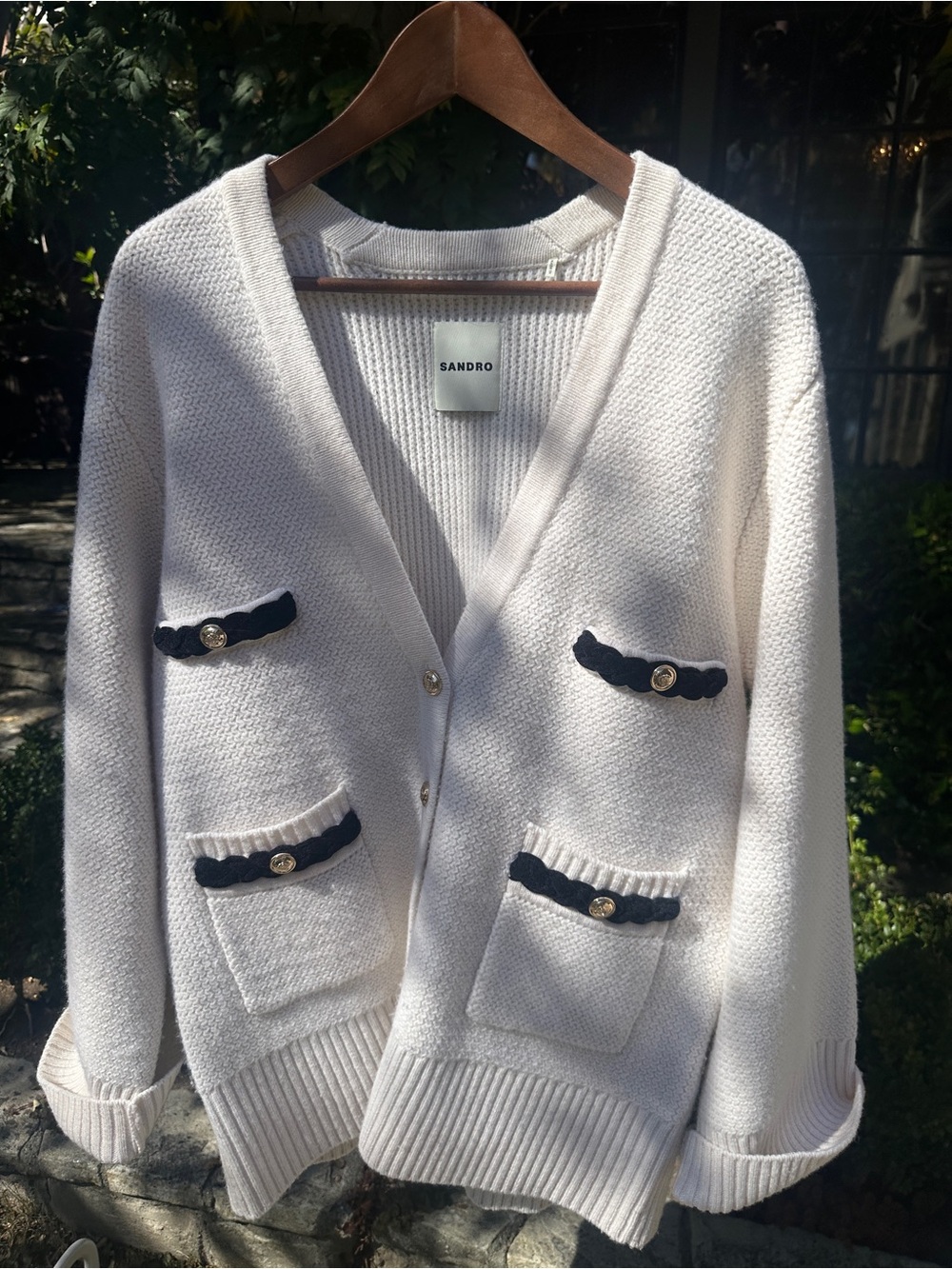 Sandro Cream Cardigan with Navy Trim and Gold Buttons